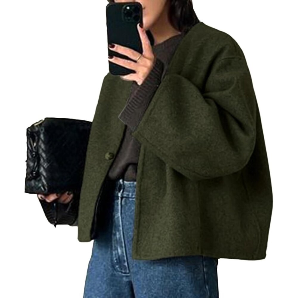✨ Women Green Cropped Wool Blend Coats Long Sleeve Pea Coat Jacket Overcoats